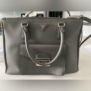 PRADA Saffiano Sound Grey Leather Tote Handbag
